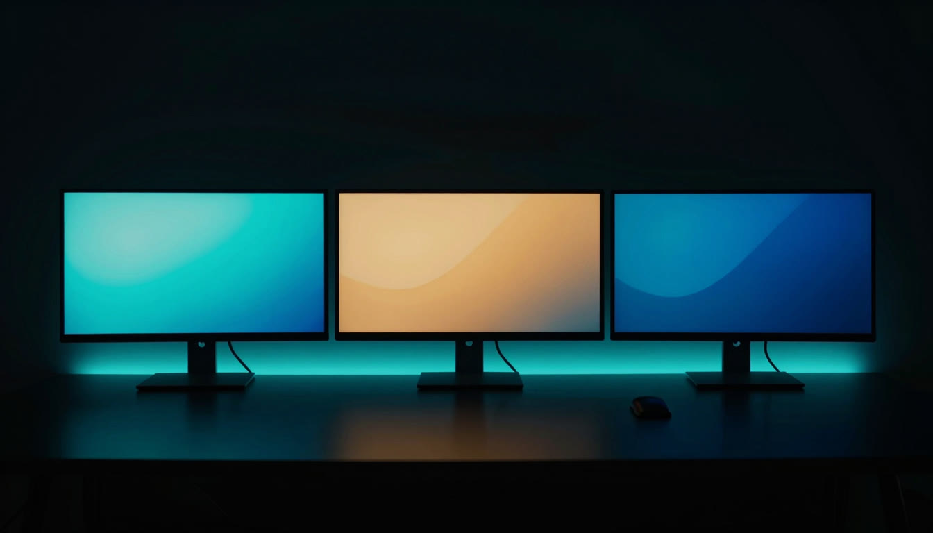 Drei Bildschirme nebeneinander in einem dunklen Raum, jeder in einer anderen Farbe, alle auf demselben durchgehenden Lichtband
